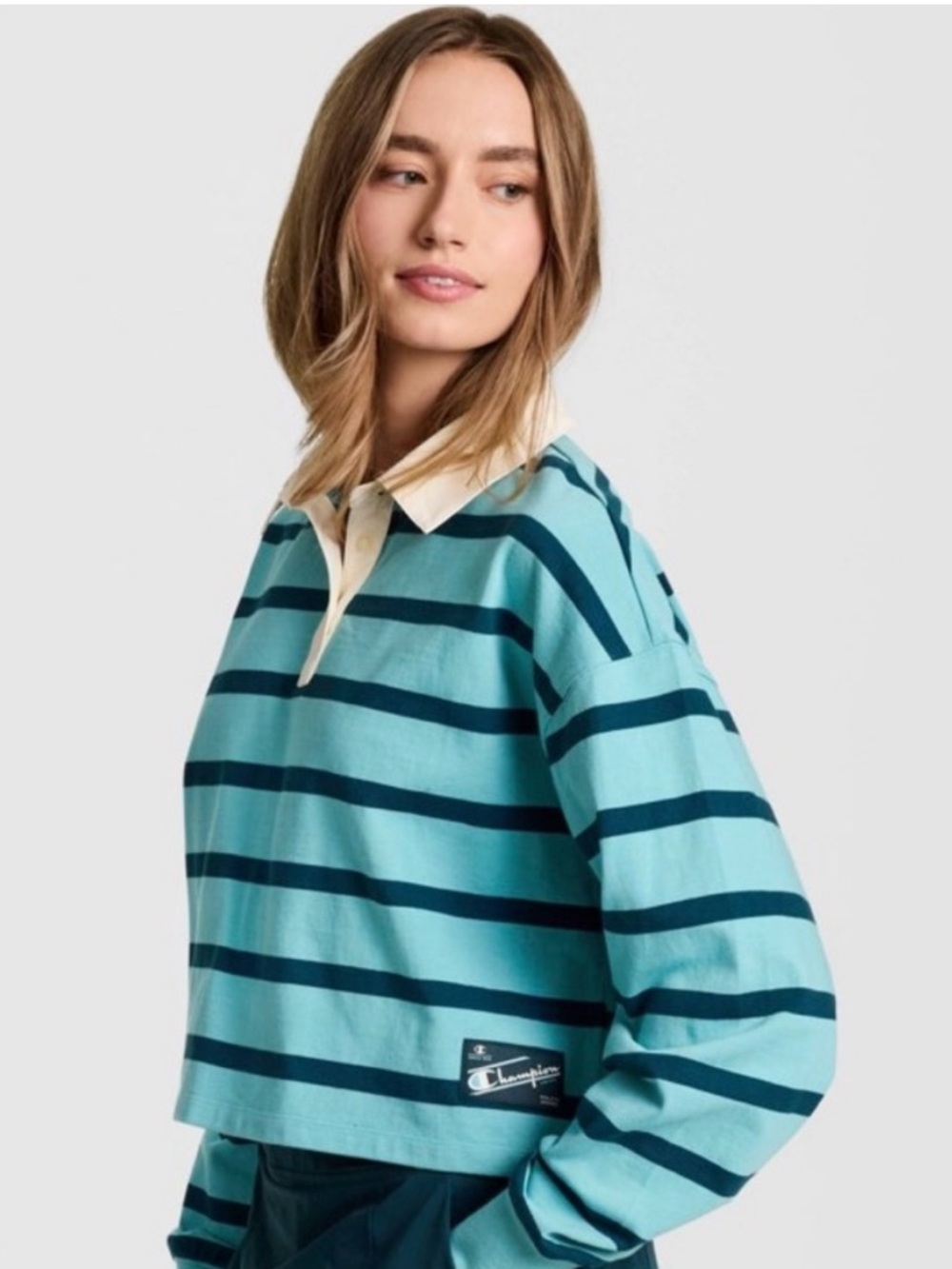 Champion Cropped Striped Rugby Top in Teal & Navy 100% cotton sz XL